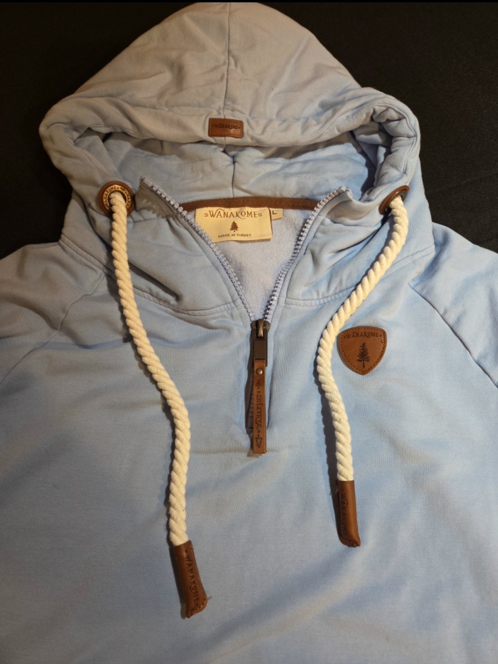 Wanakome Sky Blue Half-Zip Hooded Cropped Pullover with Rope Drawcords